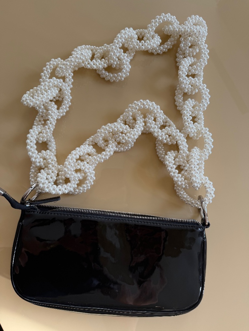 GERMANIER Black Patent Mini Bag with Pearl Chain Strap